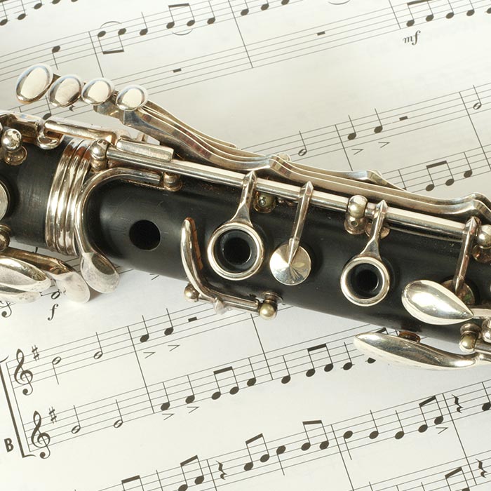 A clarinet rests on top of a page of music.